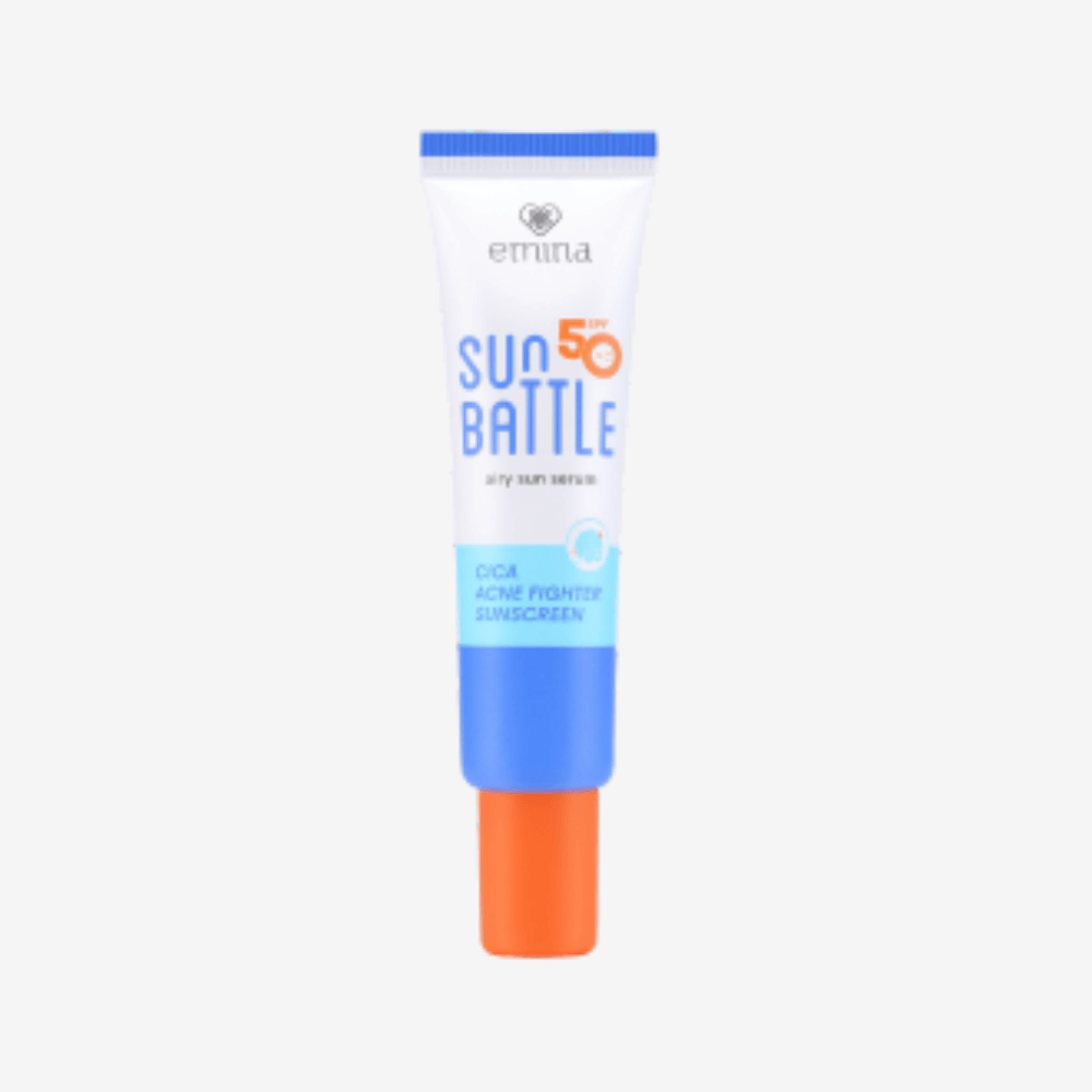 Emina Sun Battle SPF 50 PA++++ Cica Acne Fighter Sunscreen 30ml lightweight halal skincare product.