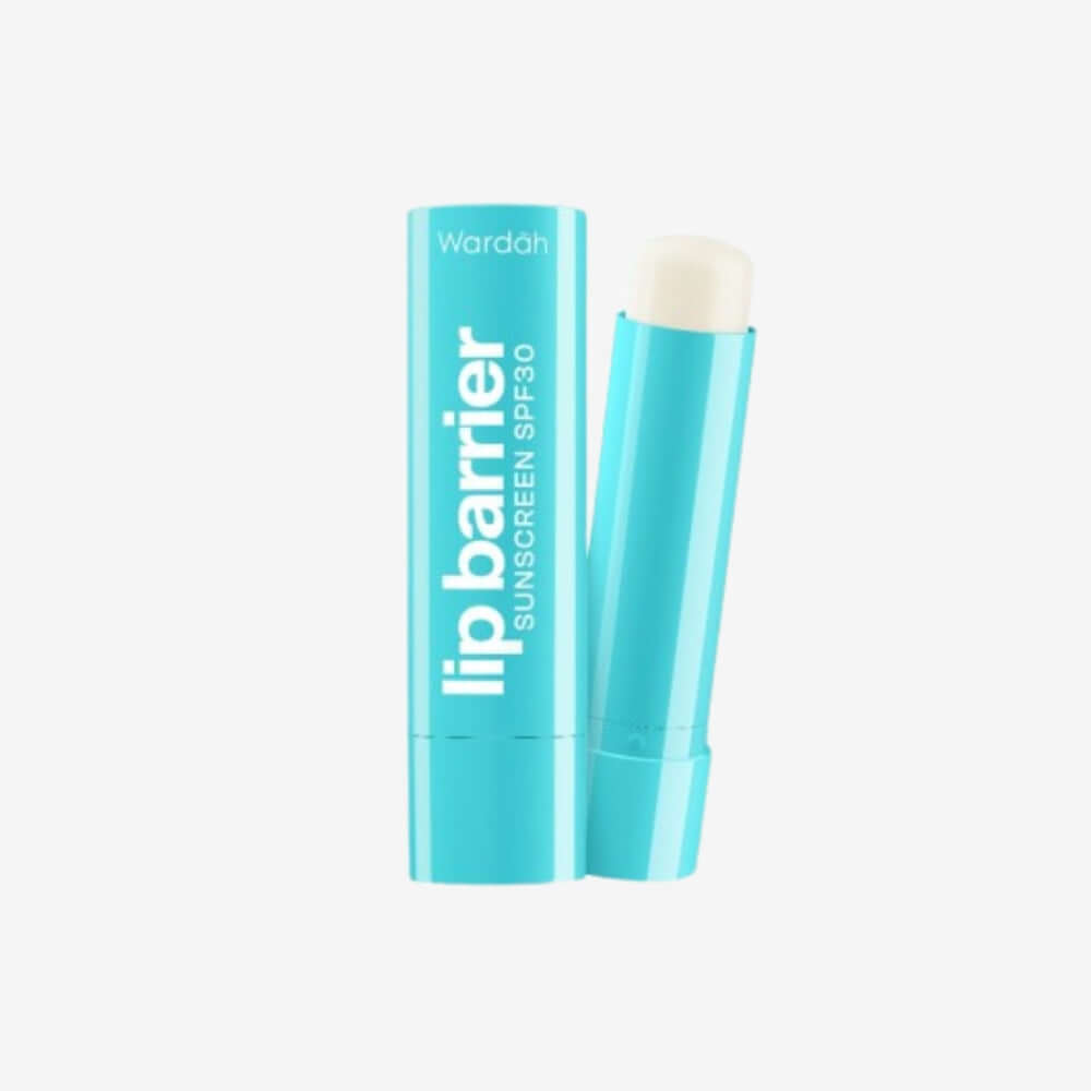 Wardah Lip Barrier Sunscreen SPF 30 in turquoise tube, ideal for halal skincare and protection from UV rays.